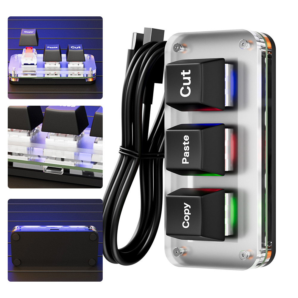 RGB Mini Cut Copy Paste Keyboard 3-Key Ctrl X C V Shortcut One Handed ...