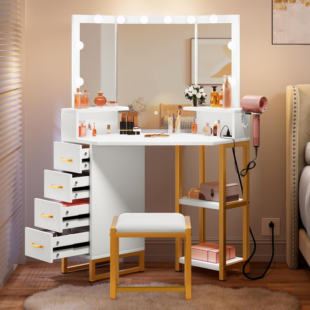 ♚Vanity Desk with Lighted Mirror, Corner Vanity with Power Outlet
