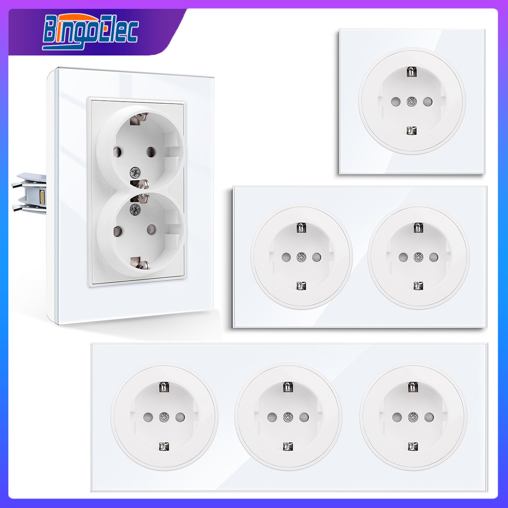 ★Bingoelec Double EU Wall Power Socket White Tempered Glass Panel Plug