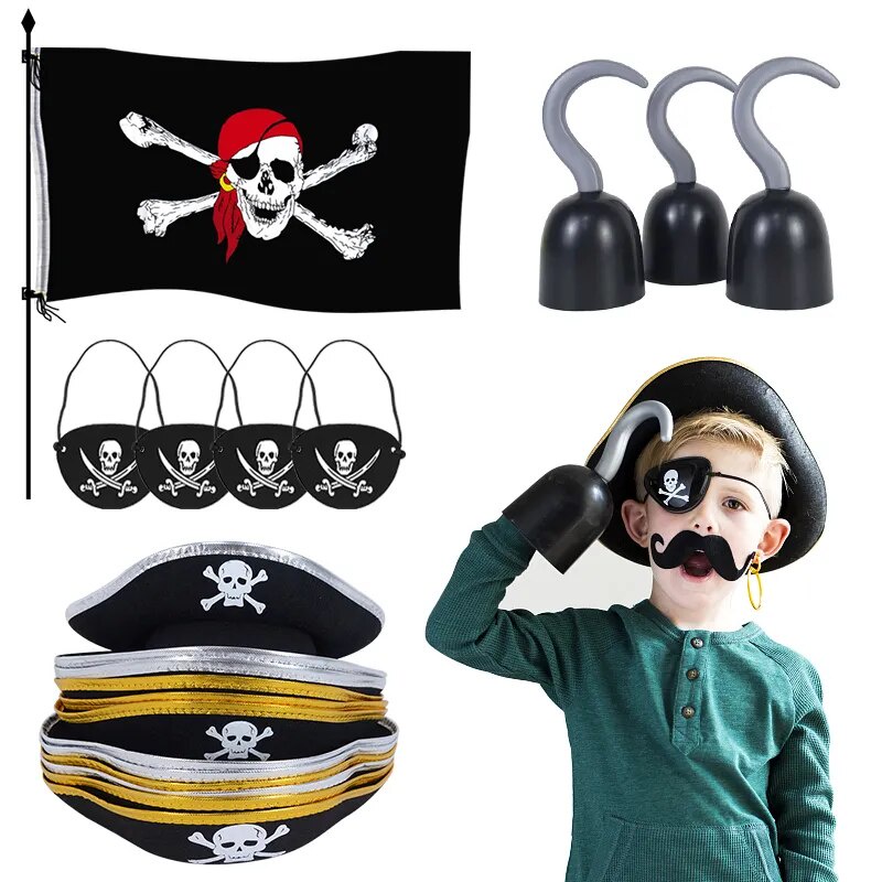 ⚜Pirate Captain Cosplay Costume Props Pirate Hat Hook Hand Flag Balloons  For Halloween Kids Birt g0