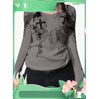 y2k Crop Top Rhinestone Grunge Fairycore T Shirt Y2K Frill Long Sleeve  Floral