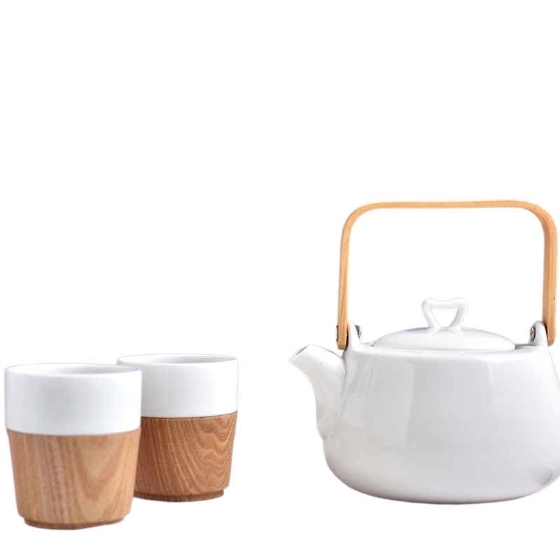 COD.Teapot Japanese Style Handmade White Porcelain Tea Pot With Wooden