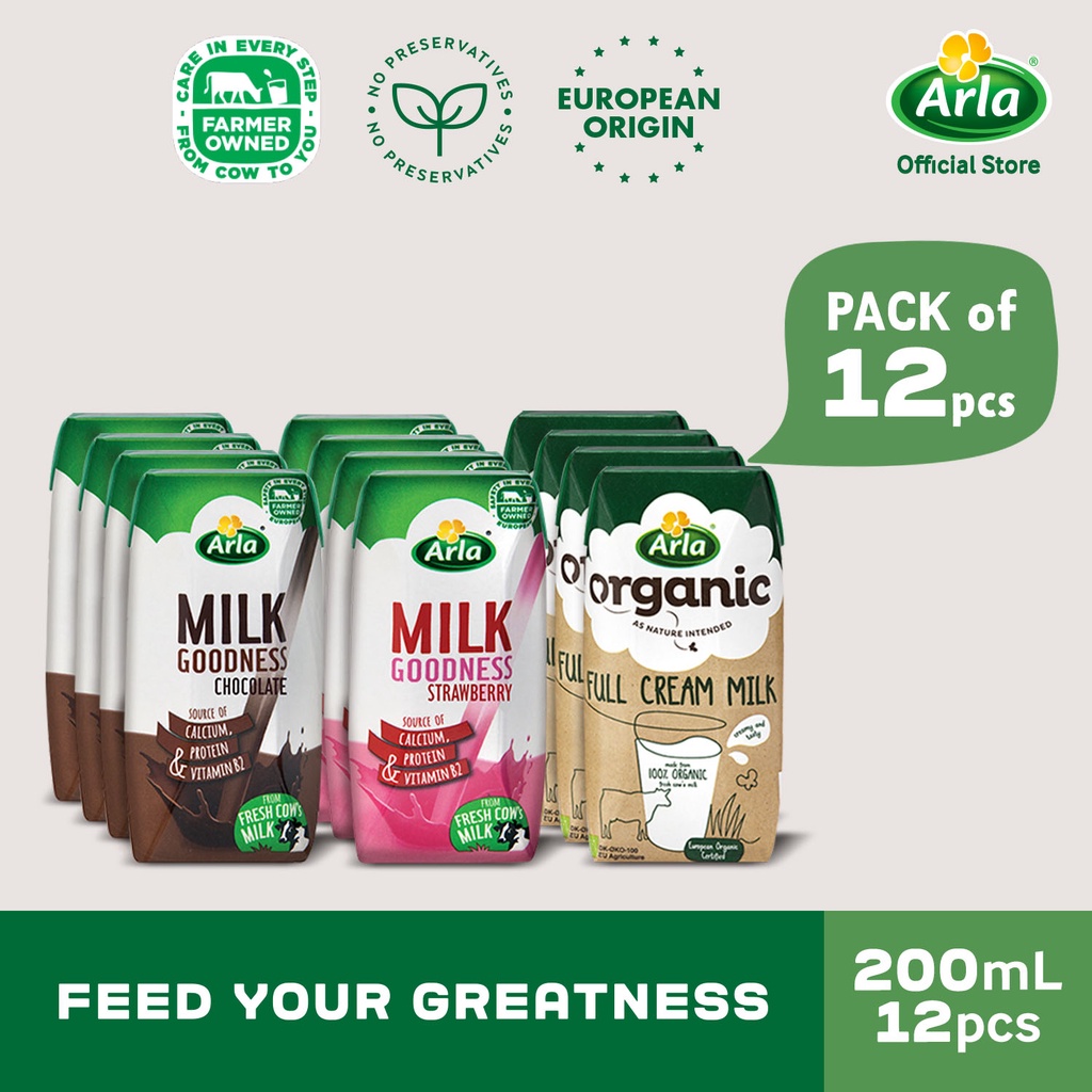 Arla Chocolate, Strawberry, and Organic Full Cream Milk 200ml 12-Pack ...