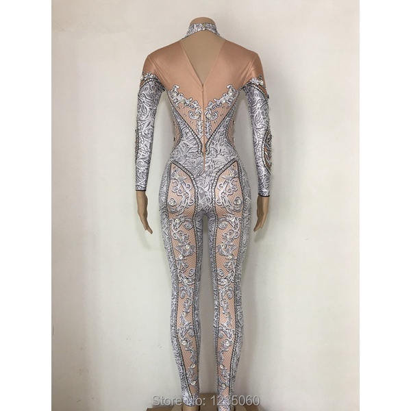 ♈sparkly Crystals Jumpsuit Sexy Stones Stretch Bodysuit Womens Stage Performance Celebrate 9292