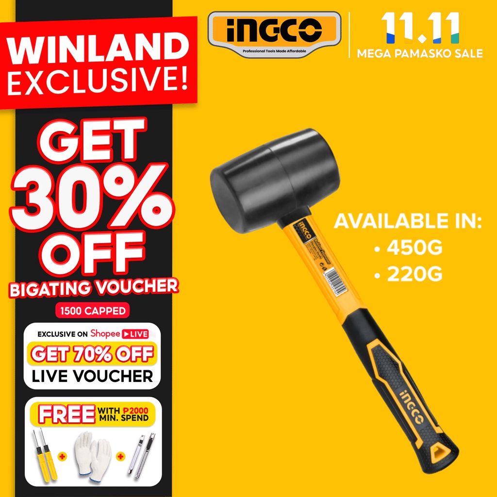 Ingco by Winland Rubber Mallet Hammer Fiberglass Handle Soft Hammer wi