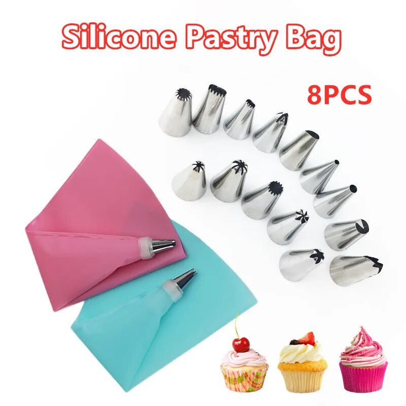 ☞8Pcs Silicone Pastry Bag Tips DIY Icing Piping Cream Reusable Pastry