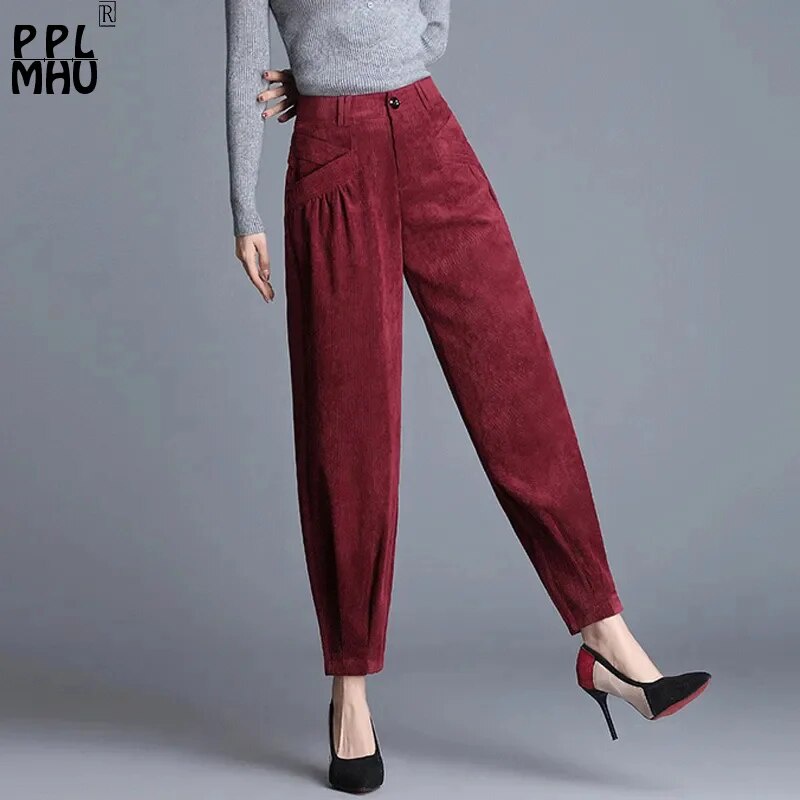 Retro Womens Wide Leg Corduroy Pants Loose High Waist Straight