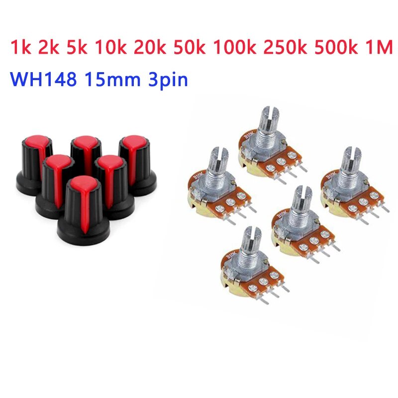 44A 5pcs/lot Carbon Film Potentiometer WH148 15mm 3pin + Red Rotary ...