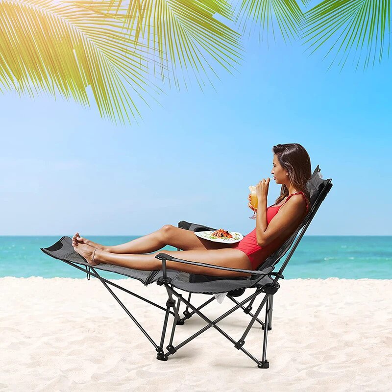 27J Camping Folding Chair With Foot Rest, Outdoor Folding Recliner