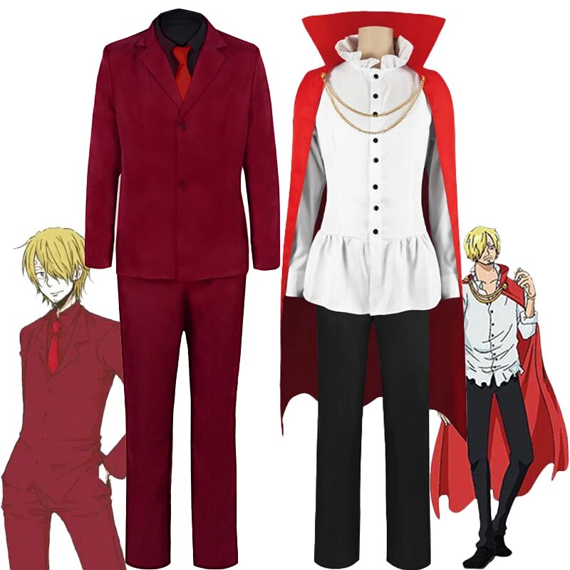 ☇Sanji Cosplay Costume Shirt Long Pants Cloak Set Fantasy Red Uniform Set  Halloween Carnival Par ❂☟