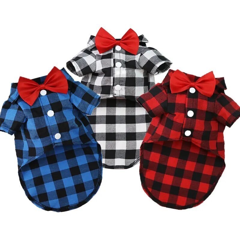 38P Thin Breathable Bowtie Dog T-Shirts, Classical Plaid Clothes for ...