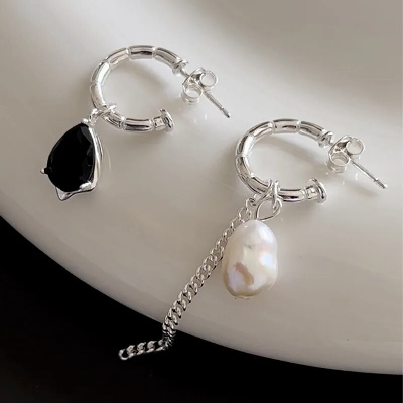 GUFTM Asymmetric Black Crystal Earrings Set Silver Color Elegant Set of ...