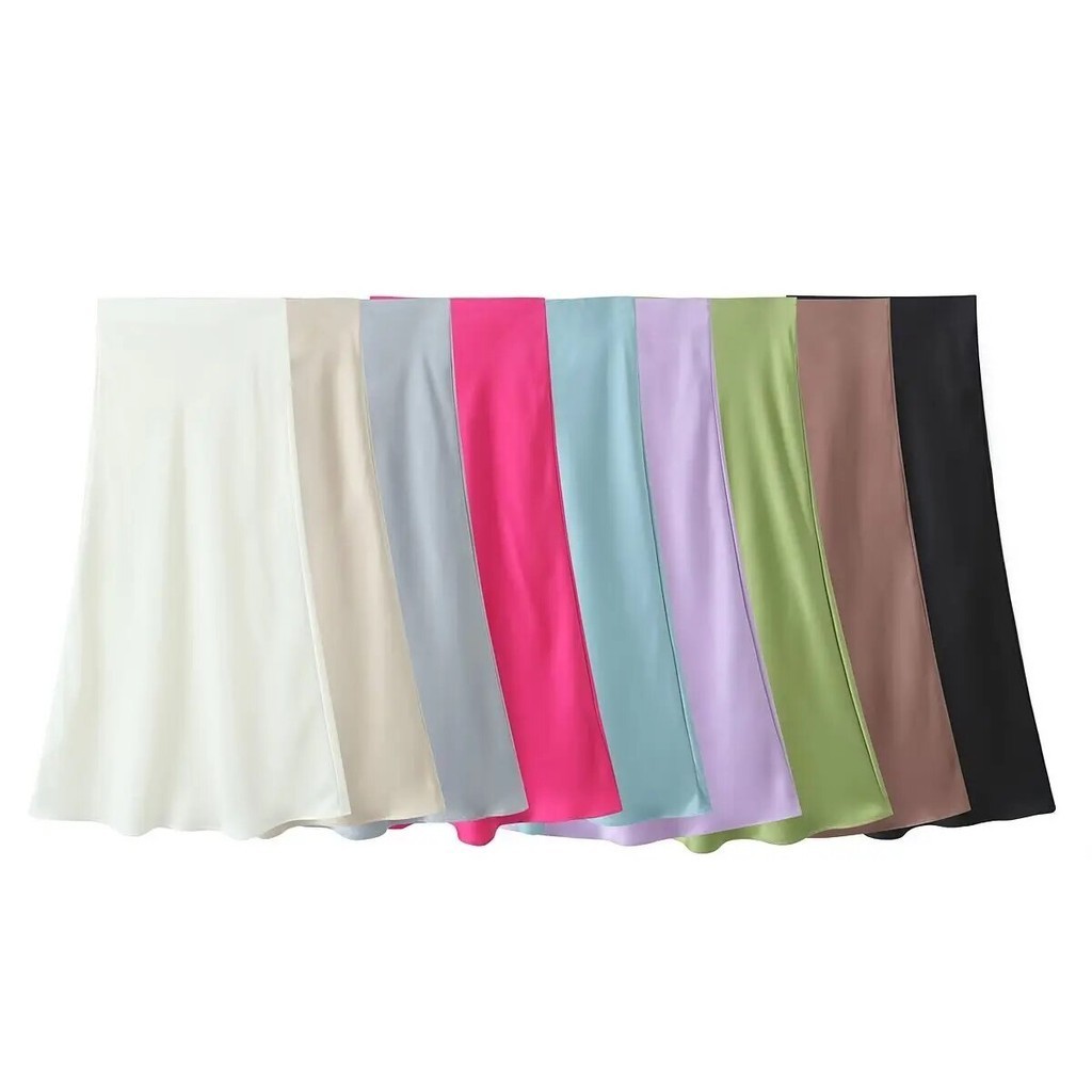 49f 2024 Sexy Women Candy Color Elastic Waist Satin Maxi Long Skirt