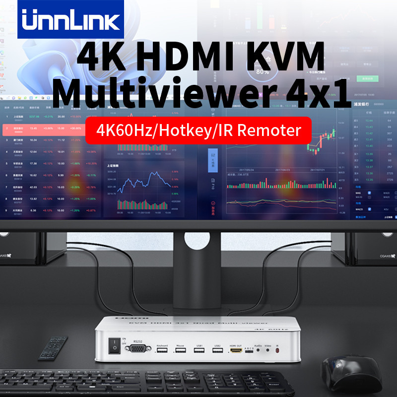 ☄Unnlink 4K60Hz HDMI KVM Multiviewer Switch with Hotkey 4x1 Quad Screen ...