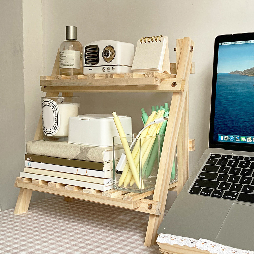 Wooden Organizer Rack Talbe Storage Shelf 2-Tiers Desktop Trapezoidal ...