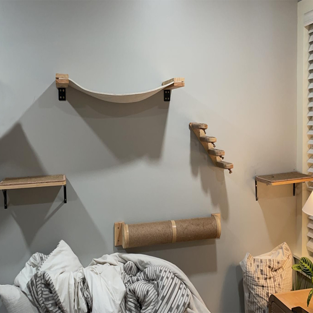 ۩1 Piece Wall Mounted Cat Shelf Wooden Cat Scratching Post and Jumping ...