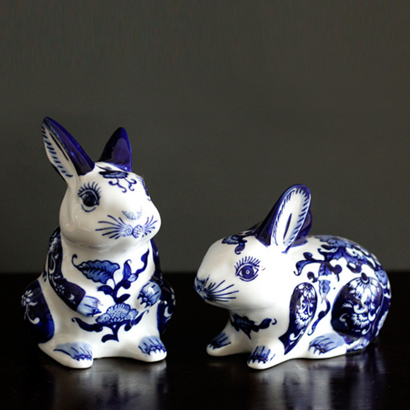Blue and White Porcelain Rabbit Crafts High-end Ceramic Simulation ...