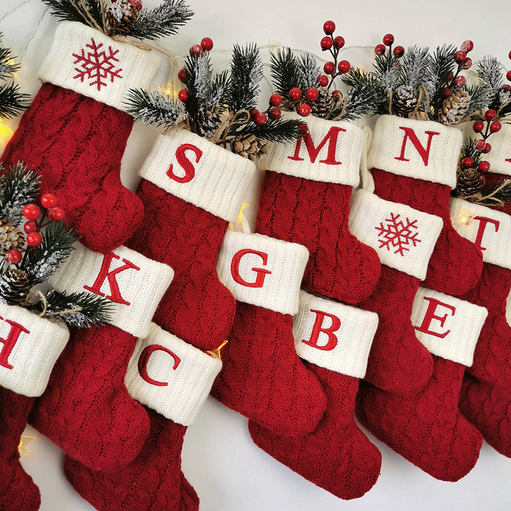 ☺Christmas Present Sock Lettering Initials Snowflake Pattern Knit ...