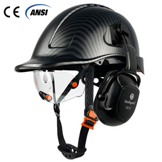 ♣CE Carbon Fiber Safety Helmet With Visor Earmuffs ABS Industrial Head ...