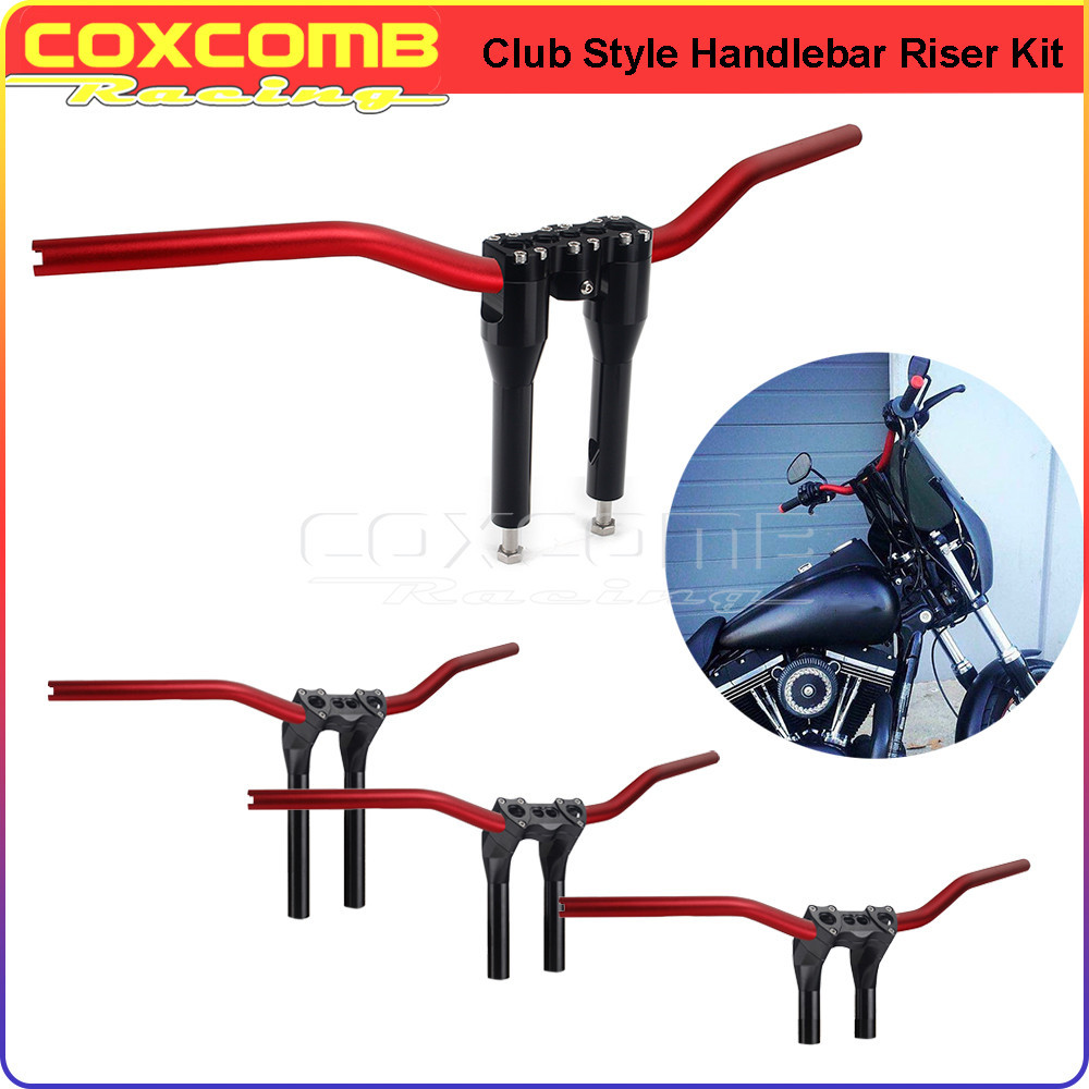 For Harley Cafe Racer Bobber Universal Red Handlebar + Handlebar Riser ...