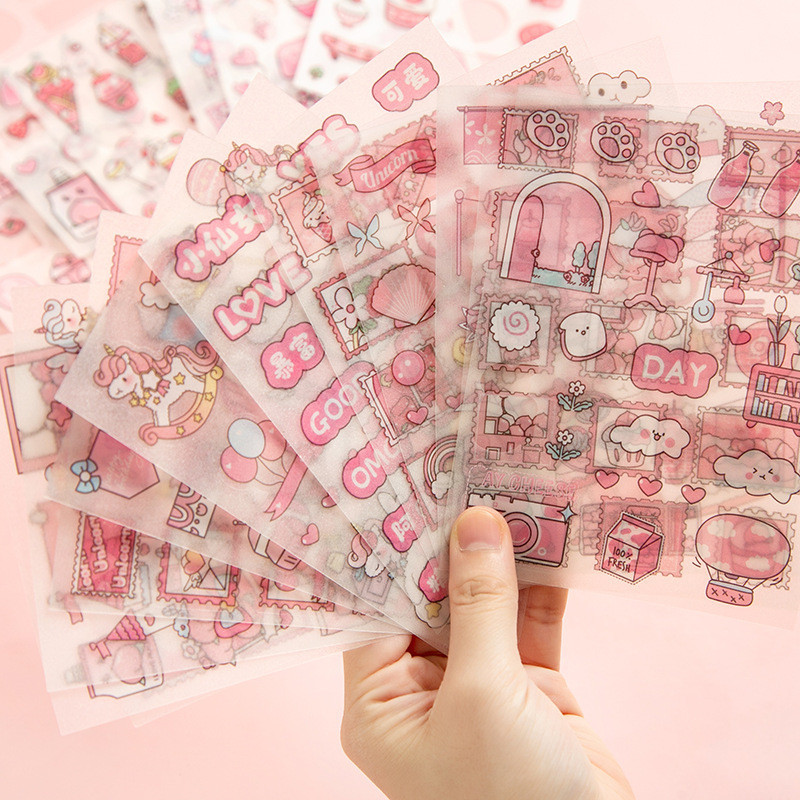 4 Sheets Scrapbook Stickers Set Cute Small Pink Animals Transparent ...