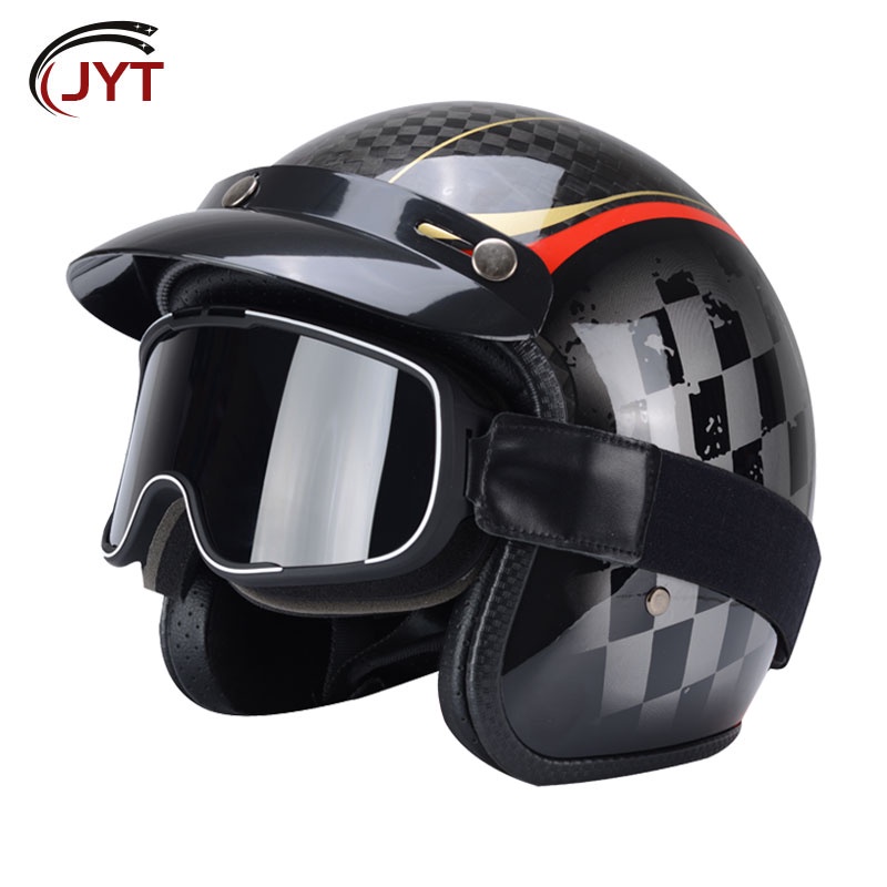 Carbon Fiber Open Face Helmet with Goggles 3/4 Face Motorcycle Helmets