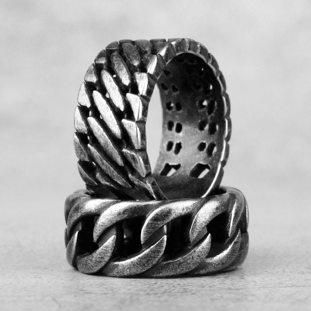 웃Simple Retro Black Weave Locomotive Stainless Steel Mens Rings Punk ...