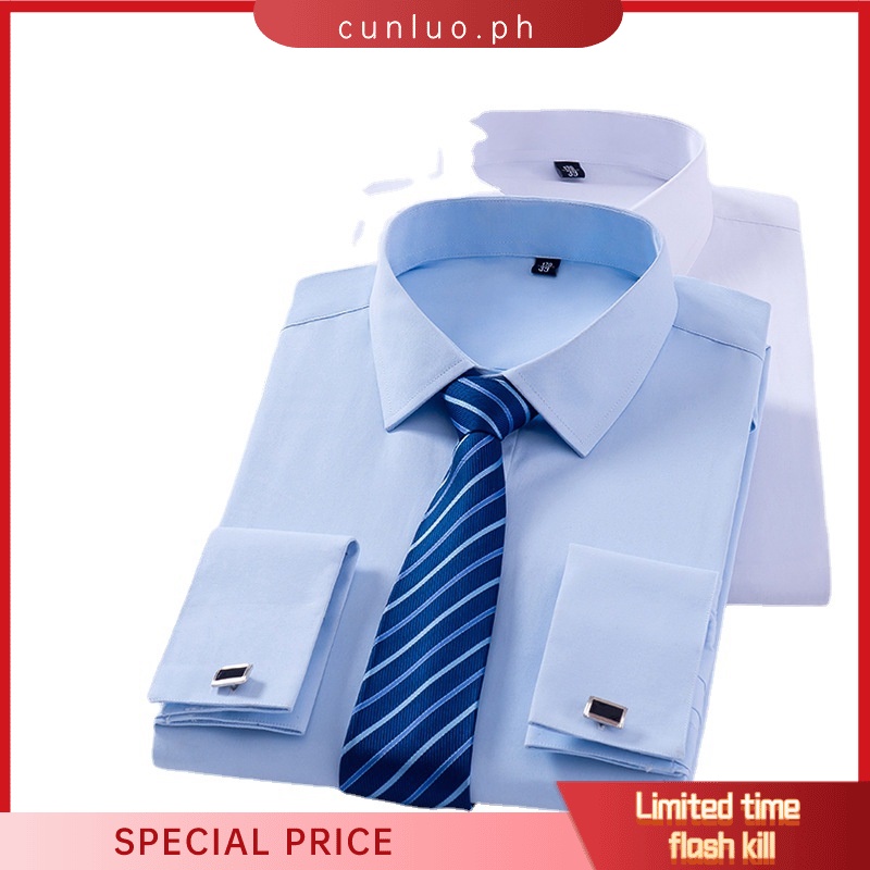 Audmroton Men's French Cuff Dress Shirt - Solid Color, Hidden Buttons, Long Sleeve, Includes Blue Gemstone Cufflinks - View #12