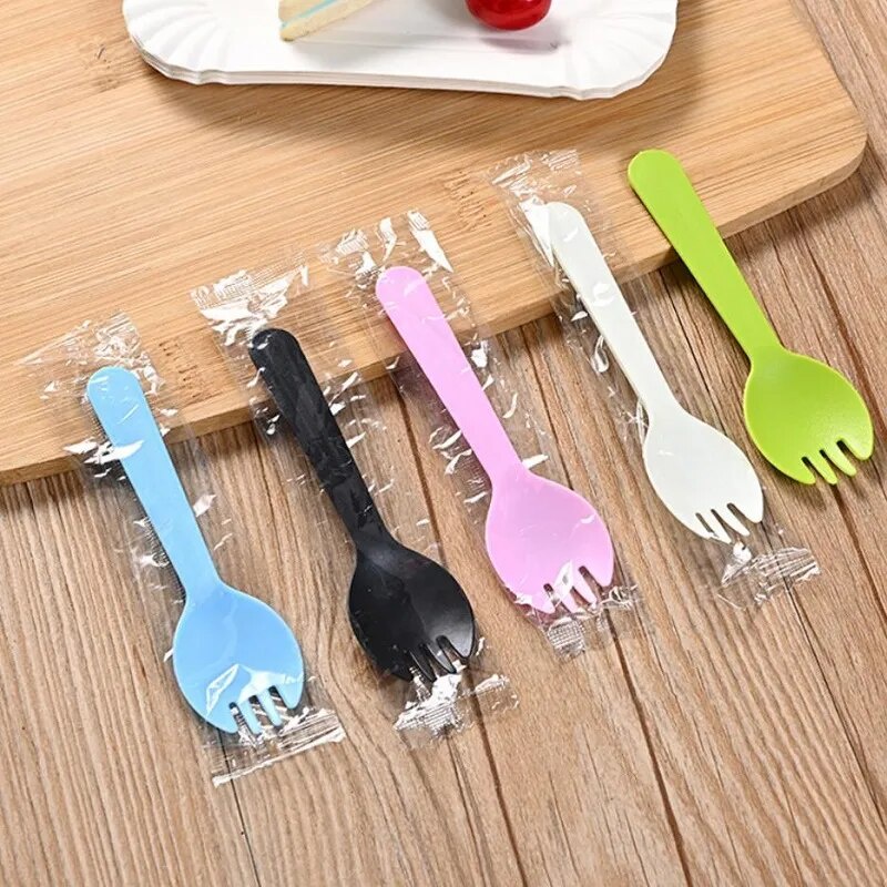 ⚡100pcs/set Disposable Plastic Spoons Forks for Cake Ice Cream Salad Fruit Dessert Soup Tea Coff