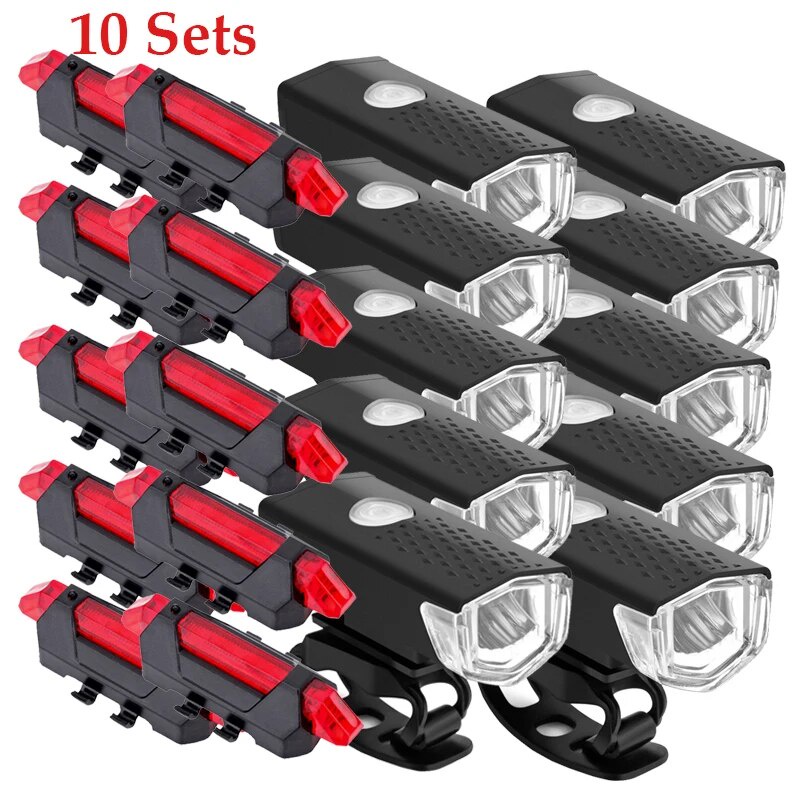 10 Sets Bike Bicycle Light Rechargeable Headlight And Taillight Bicycle ...