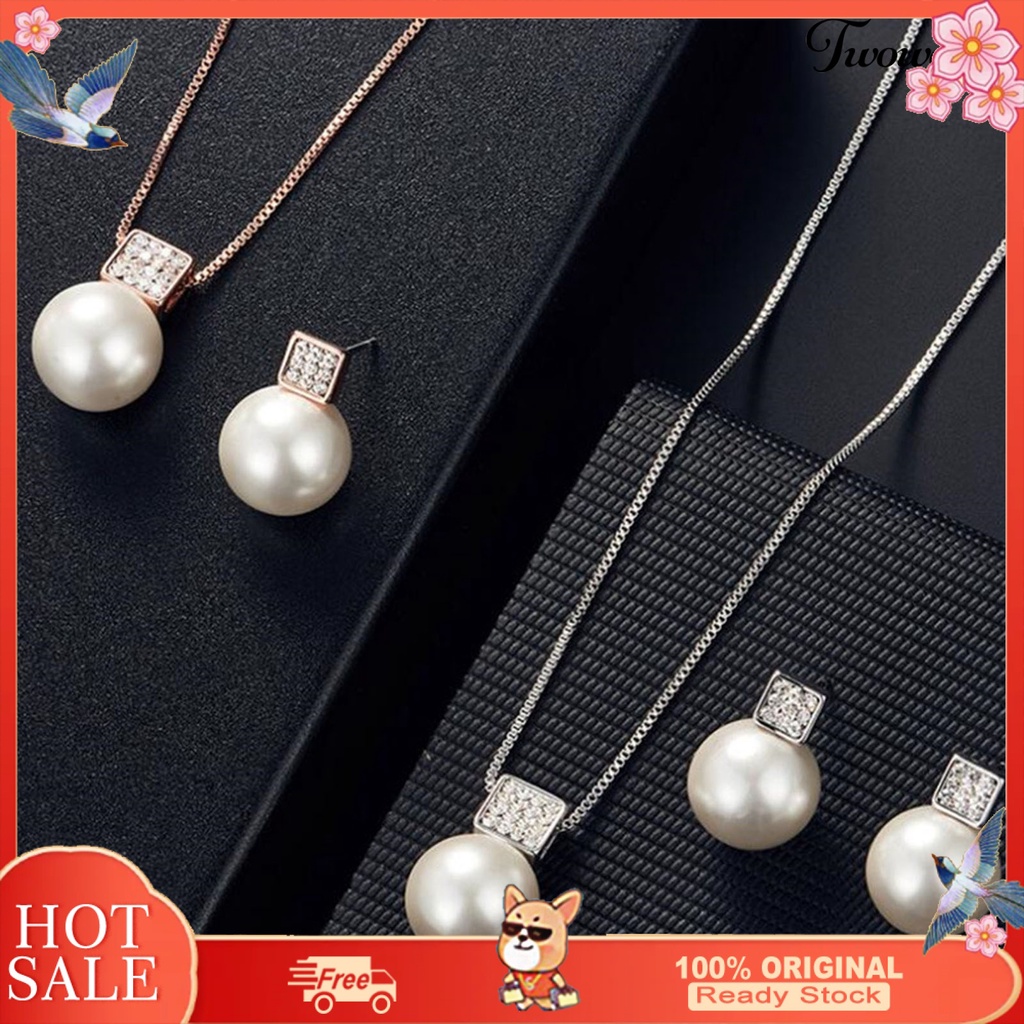 COD 1 Set Women Necklace Earring Set Faux Pearl Shiny Rhinestone Neck Ear Decoration Jewelry Exquisite Anti rust Women Shopee Philippines