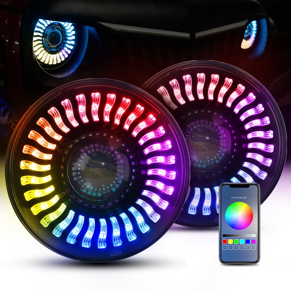MICTUNING car lights led 7 Inch Headlight RGB Halo Light Replacement ...