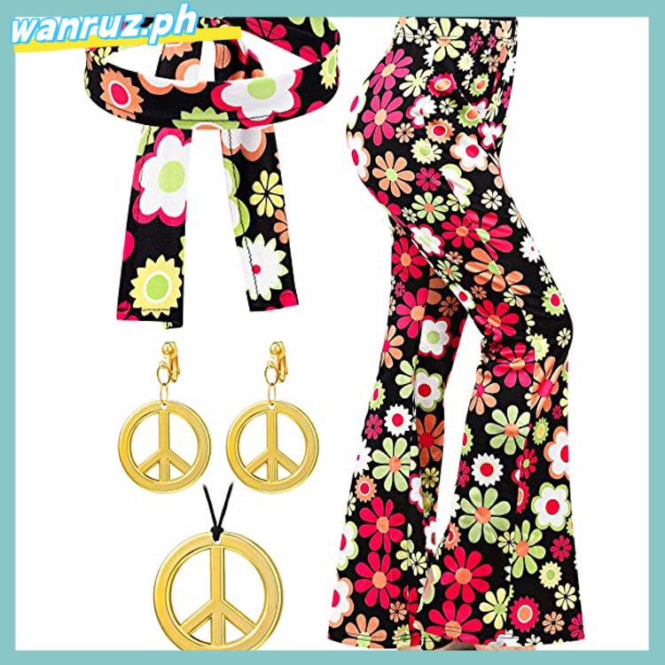 70s 80s Women Hippie Costume Set Bell Bottom Flared Pant for