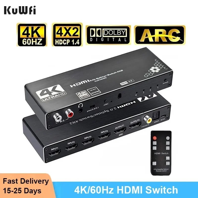 KuWFi 4K 60Hz HDMI Switch Remote 4x2 HDR HDMI Switcher Audio Extractor With ARC IR Switch HD MI 2. Shopee Philippines