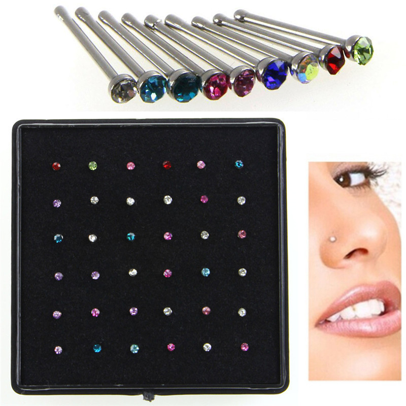 36Pcs/Pack Crystal Rhinestone Nose Ring Studs Bulk Bone Straight Stud ...