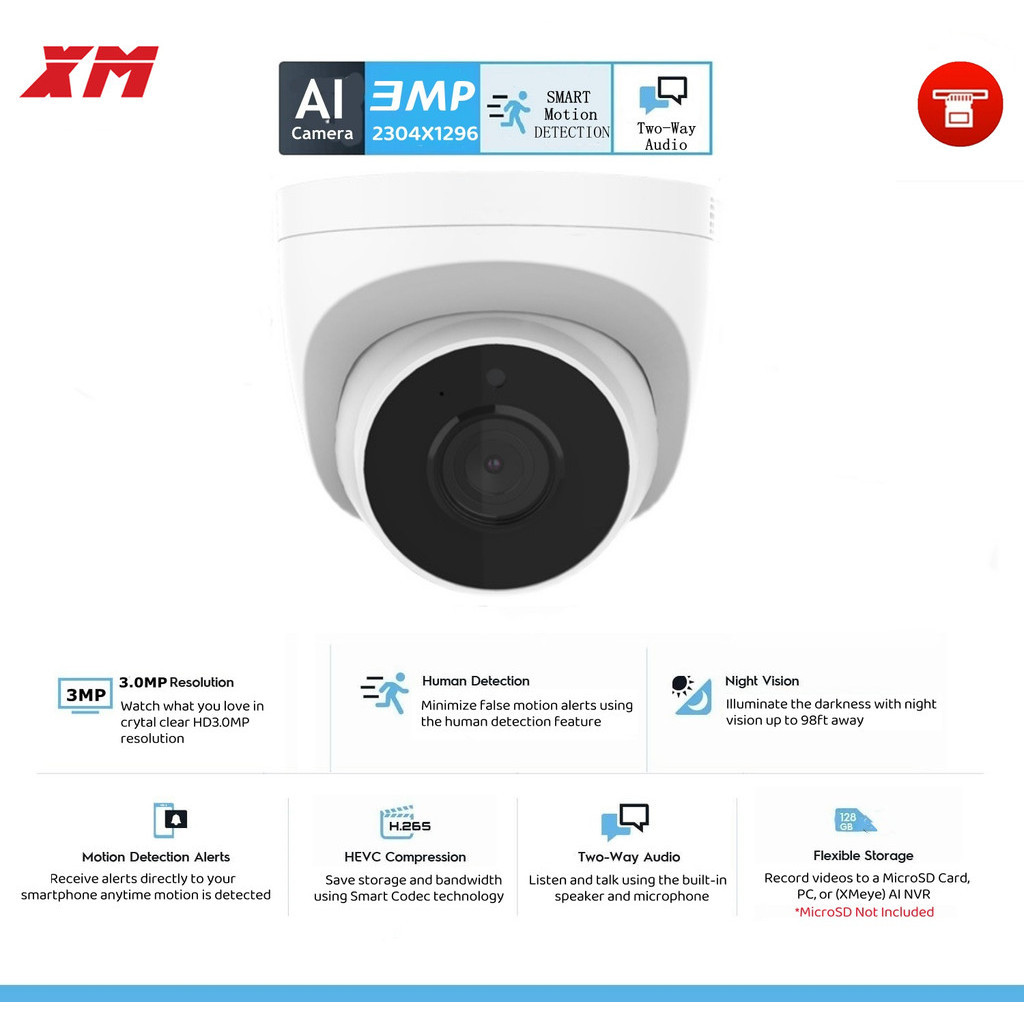 XM H.265 3MP 2K IP Camera PoE Indoor Dome Security Camera Two -Way ...