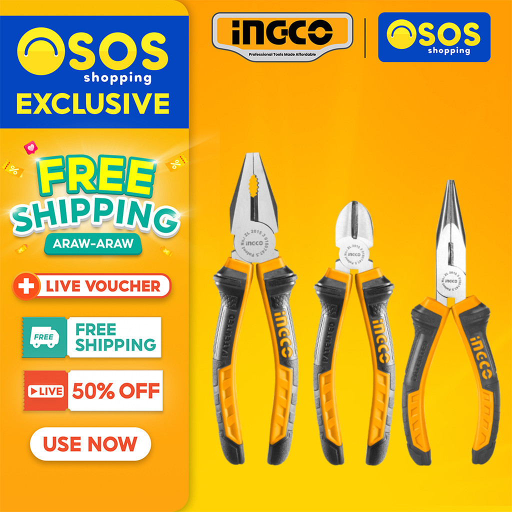 Ingco CRV Pliers Set Long Nose Combination Plier Cutting Plier 3pcs HKPS08318 •OSOS• Shopee