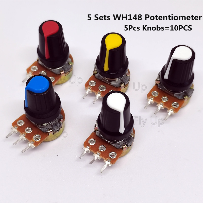 QUARKZMAN 5 Set WH148 Doppel Linear Potentiometer, B100K-Ohm Audio Potentiometer 6 Pin Split Shaft Knöpfe Kit mit Metallgriff und Montagezubehör, Schwarz Orange