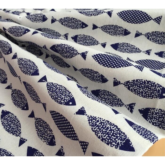 ☟small fish pattern printed linen cotton fabric for decorative cloth ...