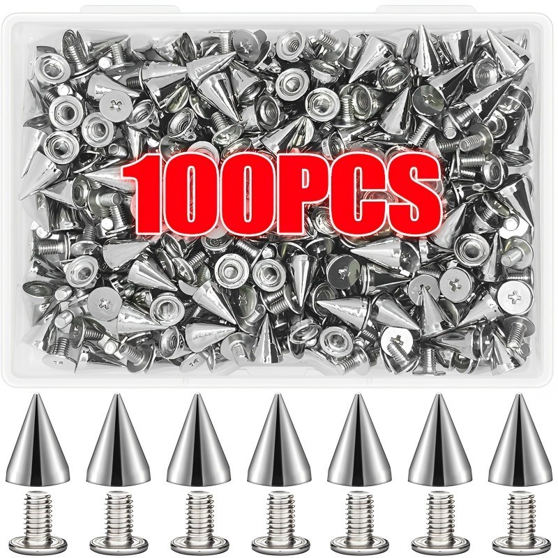 MNKNENG - Juego de 100 espigas y espigas para ropa, tacos de cono de plata de 10 x 25 mm, pinchos de 10 x 25 mm, remaches, pinchos punk para zapatos, manualidades