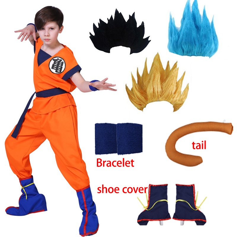 ⊕♣Children Adult Goku Costume Kids Son Goku Cosplay Costume Anime Superhero Uniform Wig