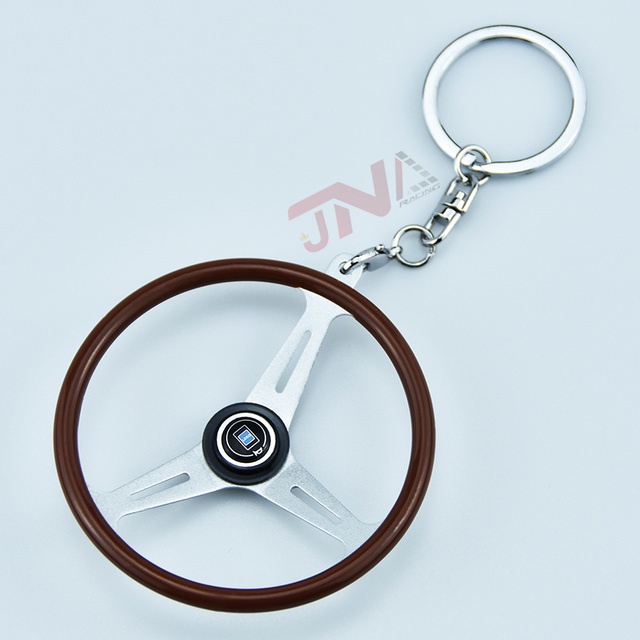 №NEW ND KEYCHAIN KEYRING CLASSIC STEERING WHEEL WOOD LOOK SILVER BLACK ...