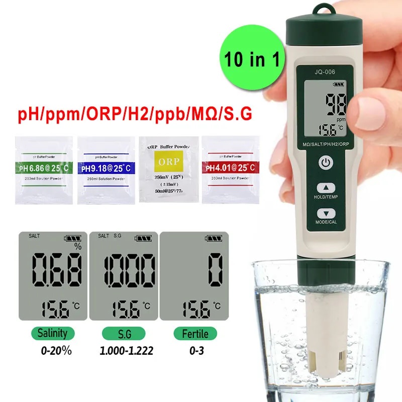 10 In1 Water PH Meter Testing PH/TDS/EC/SALT/TEMP/S.G/ORP/H2/Fertile ...