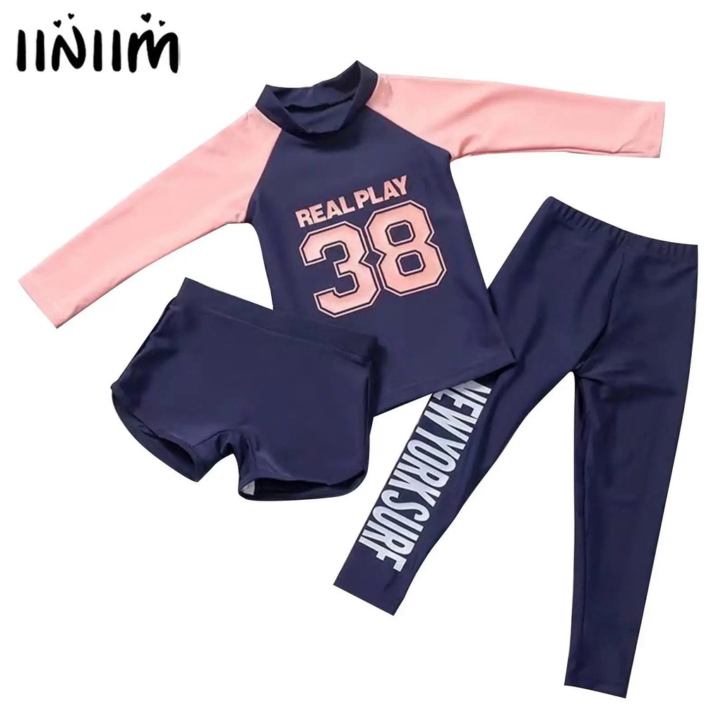 ♀Girls 3Piece Swimsuit Rash Guard Bathing Suit Beachwear Long Sleeve
