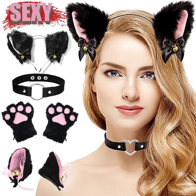 ┇Sexy Cat Ear Maid Gloves Set Plush Ear Bell Headband Hair Band Bowknot