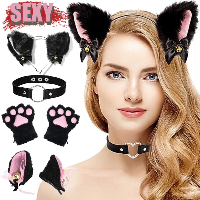 Sexy Cat Ear Maid Gloves Set Plush Ear Bell Headband Hair Band Bowknot Bells Hair Clips Paws