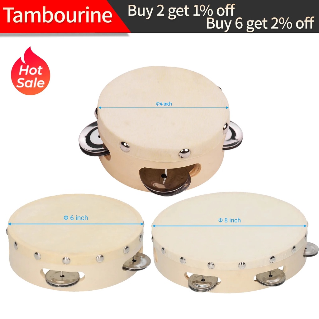 ☊4 /6 /8 /10 Inch Tambourine Percussion Drum Tamborine Hand Drum Wooden