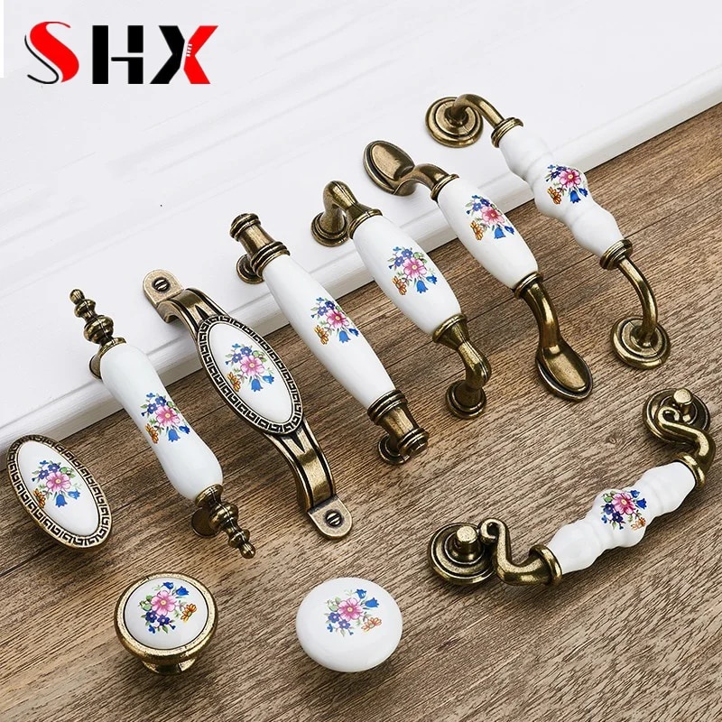 Antique Bronze Ceramic Cabinet Handles Zinc Alloy Drawer Knobs Wardrobe ...