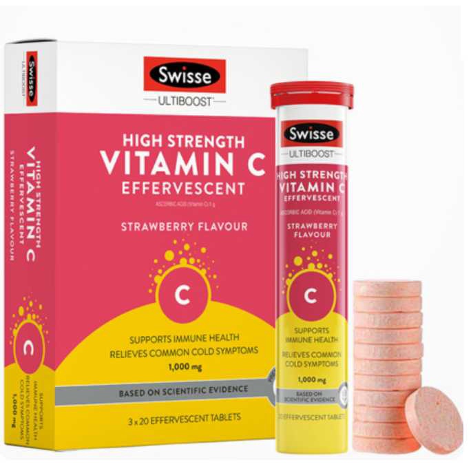Swisse Ultiboost High Strength Vitamin C Effervescent 60 Tablets 1000mg Strawberry Flavour [My