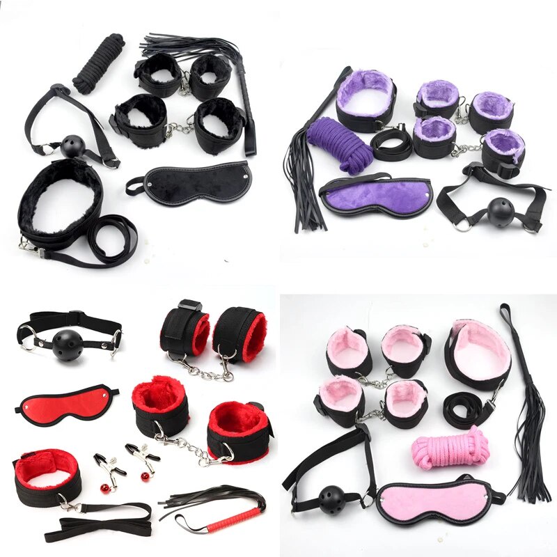 Leopard 7 Pcs Set Sexy Lingerie Pu Leather Bdsm Bondage Set Hand Cuffs Footcuff Whip Rope Blin ♥